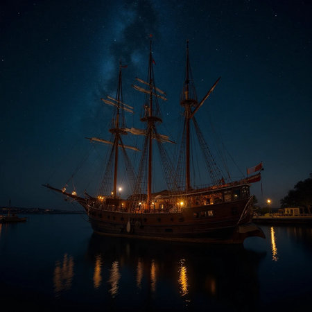 Sailing ship at night with starry sky and milky wayの素材