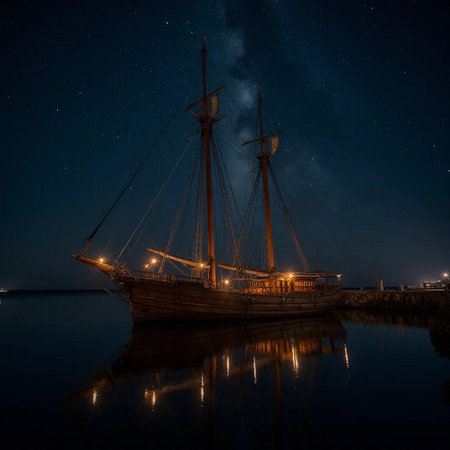 Old wooden ship at night with starry sky and milky wayの素材