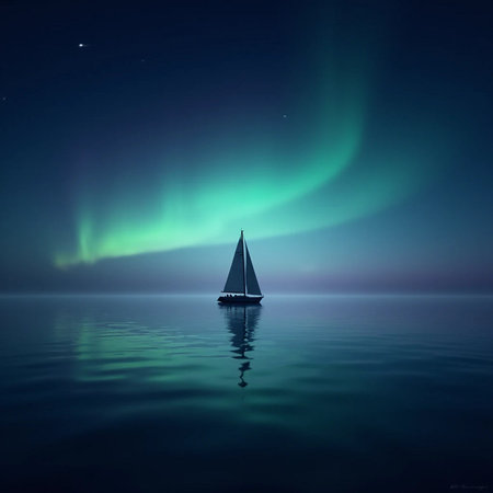 Aurora borealis in the night sky over calm sea.の素材