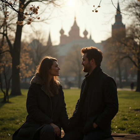 Young couple in love sitting on a bench in the park in the rays of the setting sunの素材