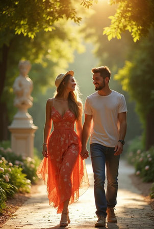 Beautiful young couple in love walking in the park on a sunny summer dayの素材