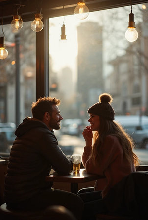 Young couple drinking coffee in a cafe on the background of the cityの素材