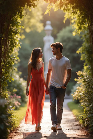 Young couple in love walking in the park. Young man and woman holding hands.の素材
