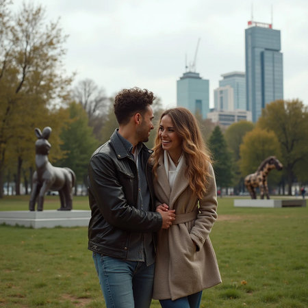 Young couple in love walking in the park on a sunny autumn dayの素材