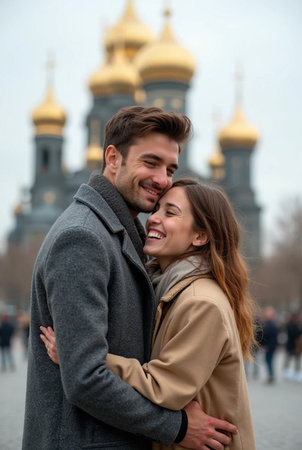 Beautiful young couple in love hugging on the background of the Orthodox Church.の素材
