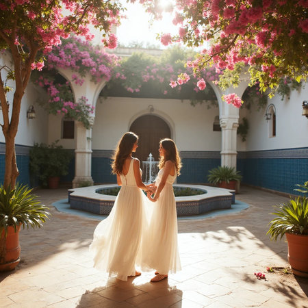 Beautiful bride and her best friend in white dresses posing in the garden.の素材