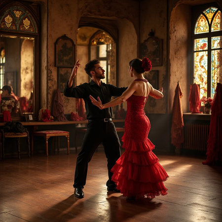 Couple dancing tango in a room with a large window.の素材