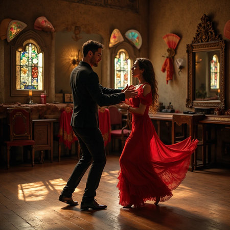 Couple dancing ballroom dance in church. Young man and woman in red dress.の素材