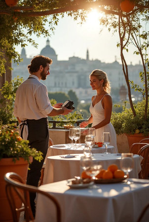 Young couple having romantic dinner in a restaurant on the terrace.の素材
