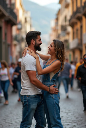 Couple in love walking in the streets of Rome, Italy.の素材