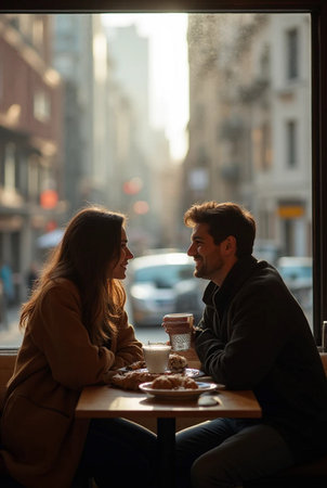 Young couple drinking coffee in a cafe on the background of the cityの素材