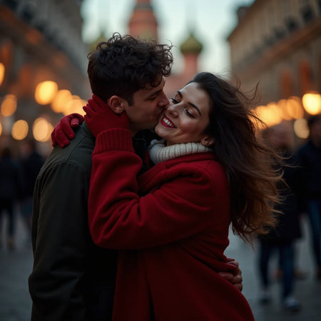 Young couple in love kissing on the background of the Christmas market.の素材