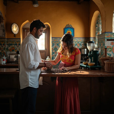 Couple making coffee in a cafe. Man and woman preparing coffee.の素材