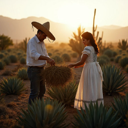 Couple of farmers harvesting agave in the desert at sunset.の素材