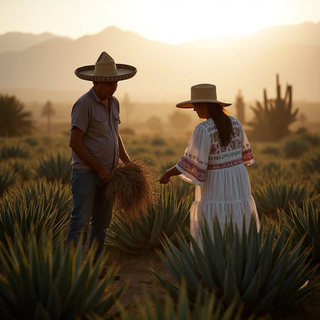A man and a woman working in the agave field at sunsetの素材