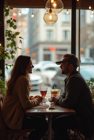 Couple in love sitting at a table in a cafe with glasses of wineの素材