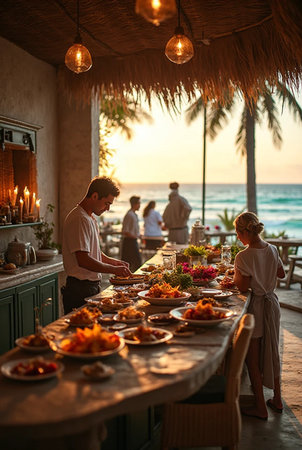 Restaurant waiter serving food to couple on the beach at sunsetの素材