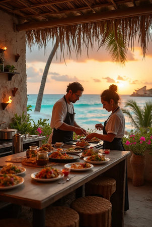Restaurant waiter serving food to a couple on the beach at sunsetの素材