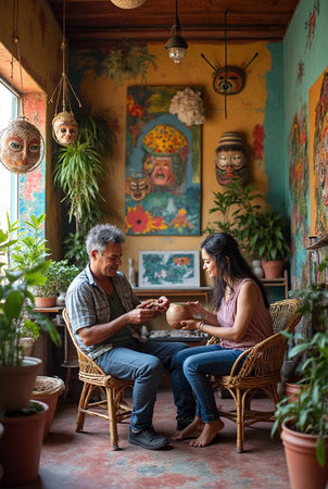 Asian man and woman playing cards in a coffee shop. Couple playing cards.の素材