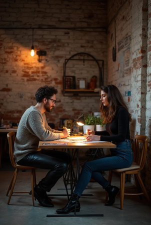 Young couple sitting at a table in a cafe and drinking coffee.の素材