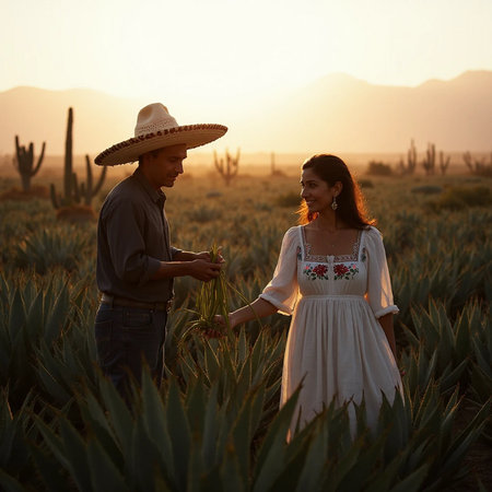 Couple of farmers working in the agave field at sunset.の素材