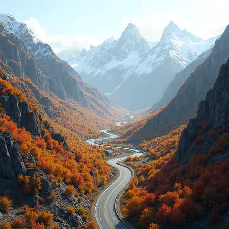Colorful autumn alpine landscape with road and mountain peaks in the backgroundの素材