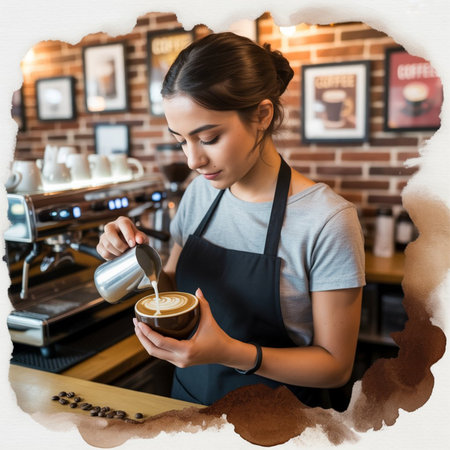 Portrait of young female barista pouring milk in cup of coffee in cafeの素材