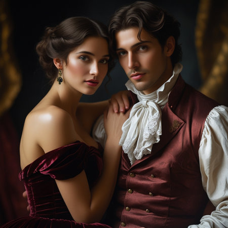 Portrait of beautiful young couple in medieval style clothes. Studio shot.の素材