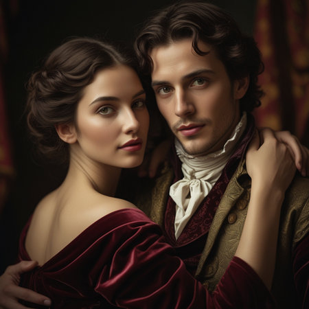 Portrait of a beautiful young couple in medieval clothes. Retro style.の素材