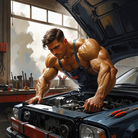 Handsome muscular mechanic working in auto repair shop. Photo in old image style.の素材