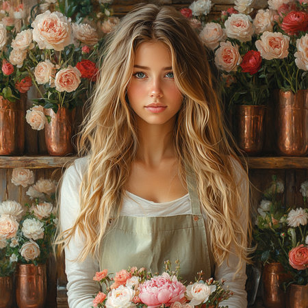 Portrait of beautiful young woman florist in flower shop.の素材