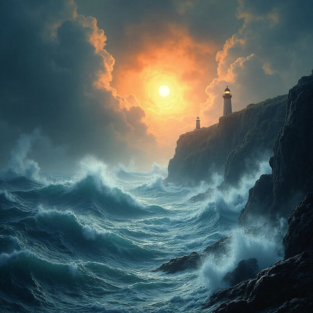 Lighthouse on the rocks in the sea at sunset. 3d renderingの素材