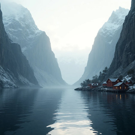 Foggy morning in the fjord. 3d renderの素材