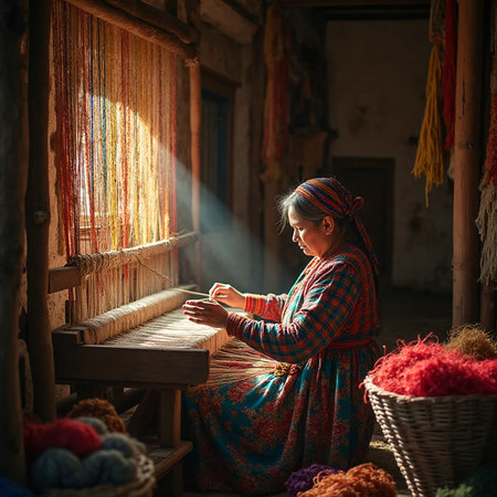 Unidentified Burmese woman weaving silk thread on the loom.の素材