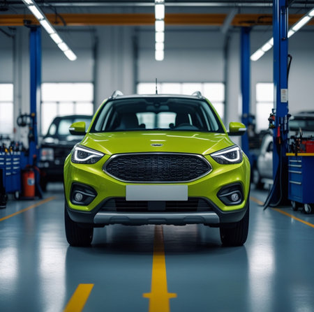 Front view of a green car parked in a car repair station.の素材