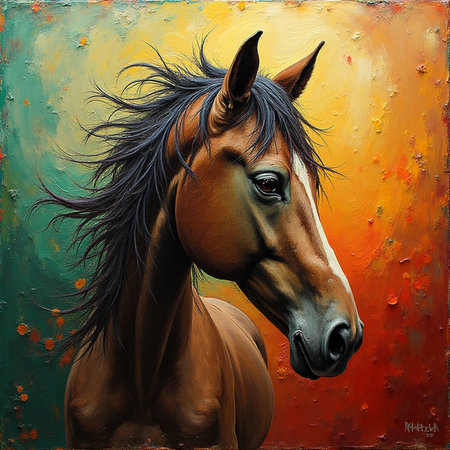 Portrait of a bay horse with long mane on a grunge backgroundの素材