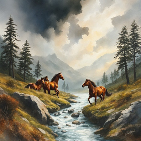 Beautiful mountain landscape with horses and a stream. Digital painting.の素材