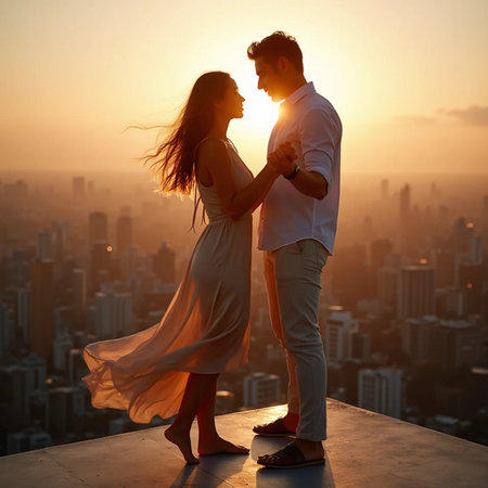Happy young couple in love dancing on rooftop at sunset. Romantic dateの素材