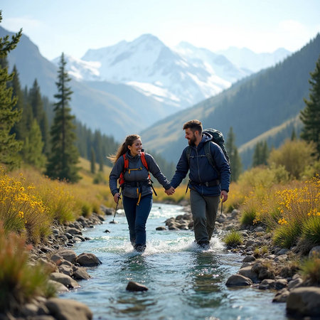 Hiking couple with backpacks crossing a mountain stream in the mountainsの素材