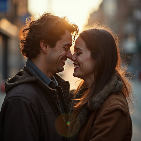 Portrait of a young couple in love in the city at sunsetの素材