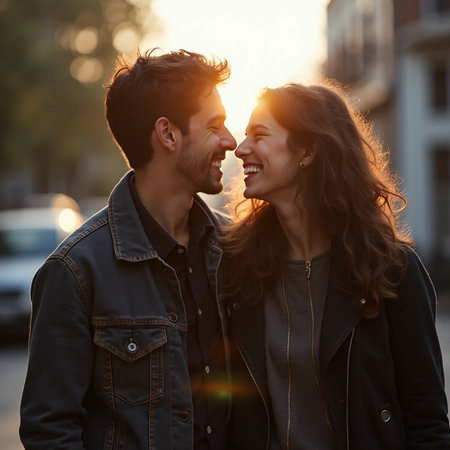 Image of happy young loving couple outdoors. Looking at each other.の素材