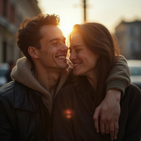 Portrait of a happy young couple embracing on the street at sunsetの素材