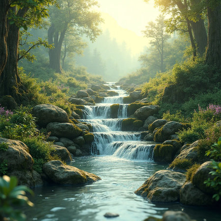 Beautiful waterfall in the forest at sunrise. Nature landscape background.の素材