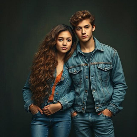 Portrait of a beautiful young couple in jeans clothes posing over dark background.の素材