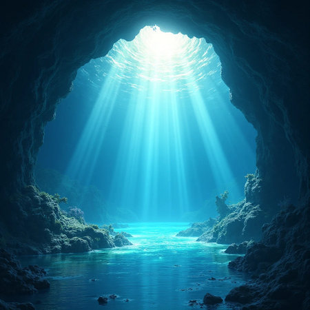 Underwater cave with sun rays and blue water. 3d renderingの素材