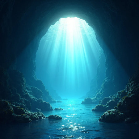 Underwater cave with light rays coming out of the hole. 3d renderingの素材