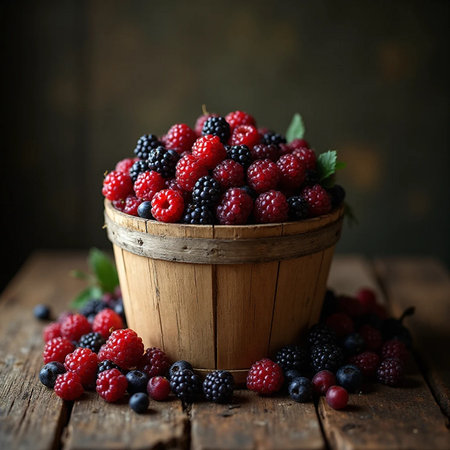 Blackberries and raspberries in a wooden bucket on a dark backgroundの素材