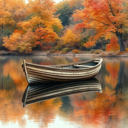 Wooden boat on the lake in the autumn forest. Autumn landscape.の素材