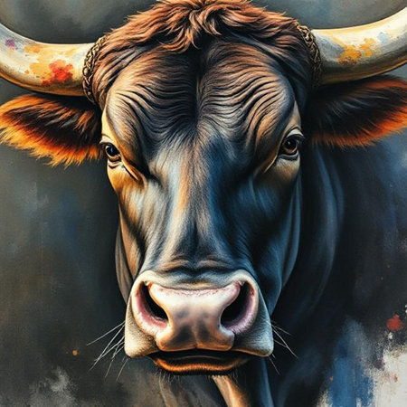 Bull head with horns on a grunge background. Animal painting.の素材