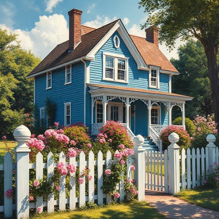 Beautiful blue house with white picket fence and flowers on the lawnの素材